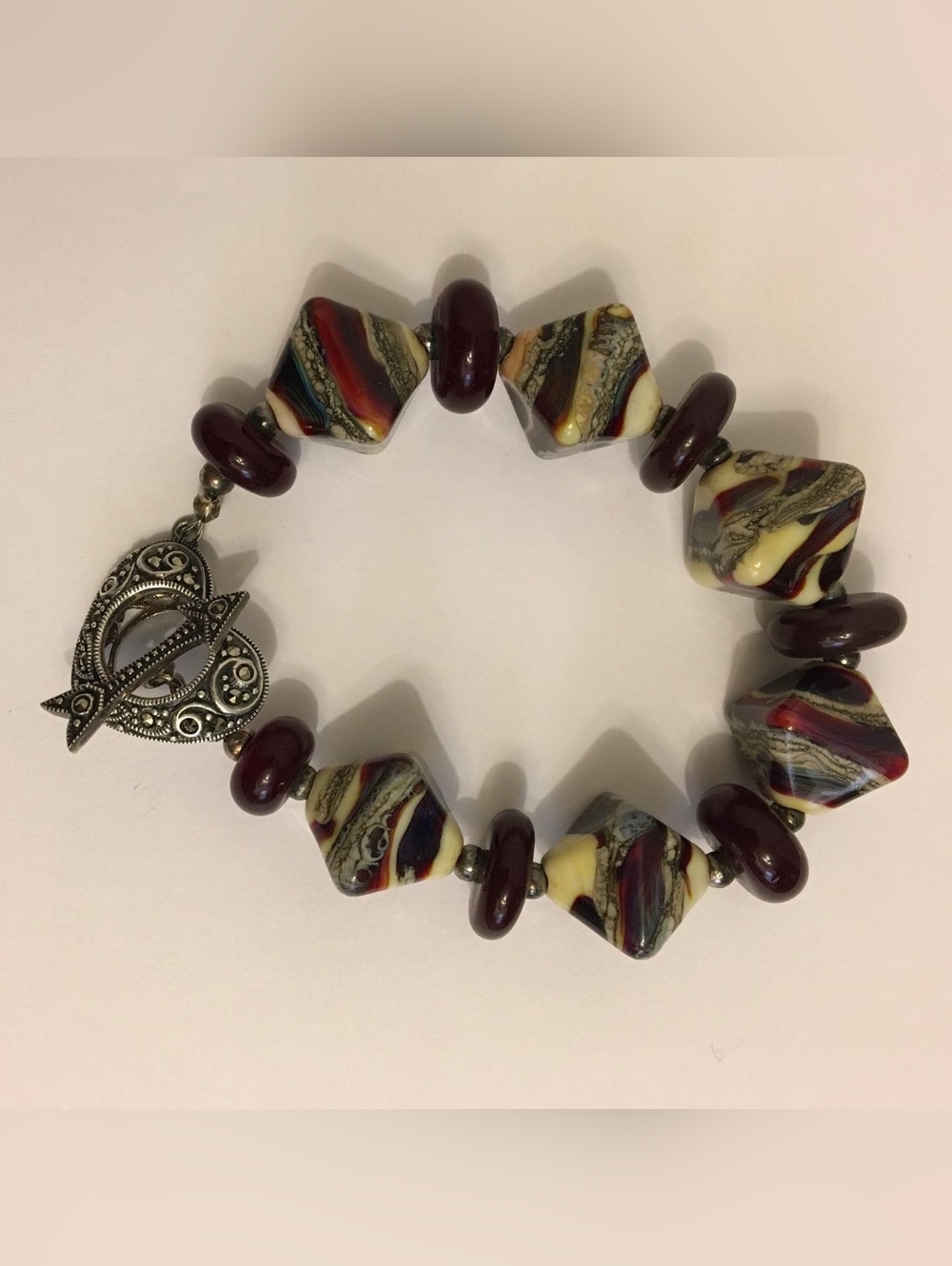 Vintage Artisan 925 Sterling Silver & Lampwork Art Glass Bead Toggle Bracelet